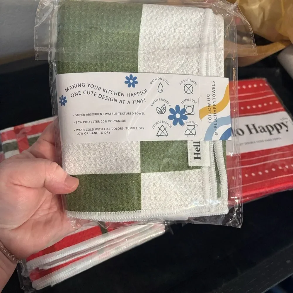 Hello happy towels (6) 17x27” waffle textured kitchen double sided hand towels